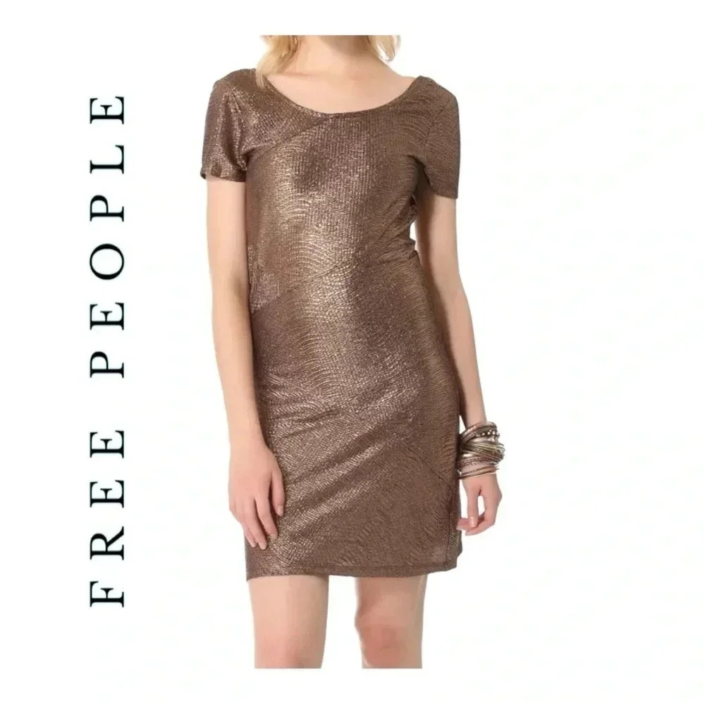1500. FREE PEOPLE MOONAGE DAYDREAM METALLIC TUNIC MINI DRESS SIZE MEDIUM BROWN